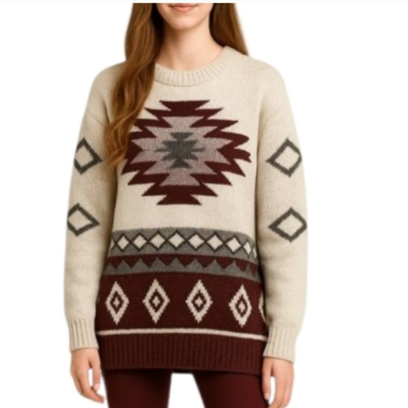 American Eagle Wool Cream Aztec Burgundy Geometric Sweater XL - Picture 1 of 10